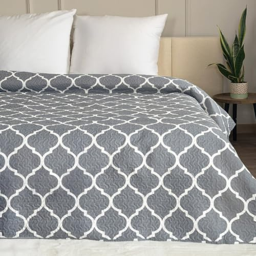 Euromat Tagesdecke Steppdecke Bettüberwurf (Ohne Kissenbezüge) Größe: 220x240 cm (Grau Weiß Marokko- Meridian Gray)