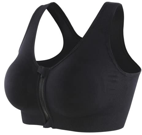 CLOUSPO Sports Bra Post Surgery Bra Zip Front Wireless with Removable Pads Yoga Bra for Workout Fitness(L,Black)
