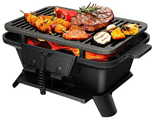 COSTWAY Cast Iron Charcoal Grill, Portable Tabletop BBQ Stove with Double-sided Grilling Net, Fire Gate and Air Regulating Door, Indoor Outdoor Small Charcoal Grill Stove for Camping Picnic Party