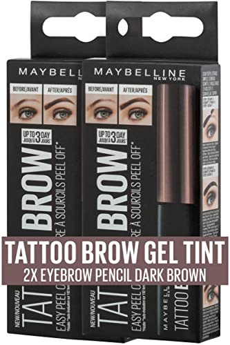 Maybelline New York Lot de 2 tubes de coloration pour sourcils Tattoo Brow Gel Tint avec formule Peel-Off N° 3 Dark Brown 2 x 5 ml