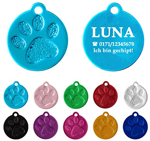 Ibera gifts - Hundemarke mit Gravur und personalisierte Hundemarke rund mit Pfote für kleine bis mittelgroße Hunde und Katzen (S-M, Türkis)