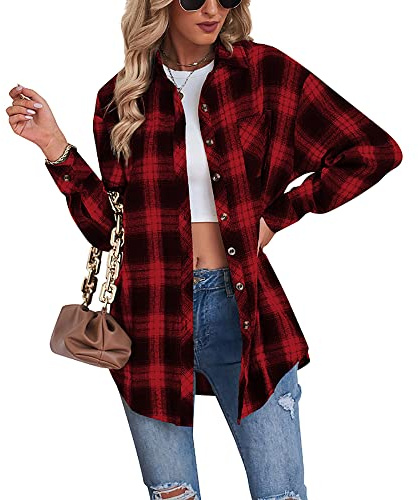 Buliezy Camicia Donna Blusa Quadri Camicia Flanella Manica Lunga Elegante Camicetta Classico Shirt Cotone Giacca Scozzese,Rosso,XXL