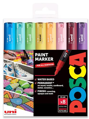 Posca Permanentmarker auf Wasserbasis, für verschiedene Oberflächen, PC-1M, 0,7–1,0 mm, extra fein, 8 Stück in Geschenktasche, Frühlingstöne