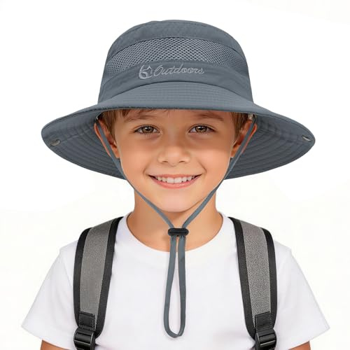 Kids Sun hat for Girls Boys Outdoor Breathable Sun Protection UPF 50+ Cap Wide Brim Summer Beach bucket hat Toddler Baby Kids Safari Fishing Hat Dark Grey 5-13 T