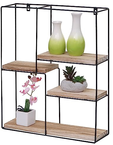 Mendler Wandregal HWC-K76 51x40x11cm Metall - Natur | Hängeregal, Schweberegal, Regal, 4 Regalböden, Massiv-Holz, Industrial
