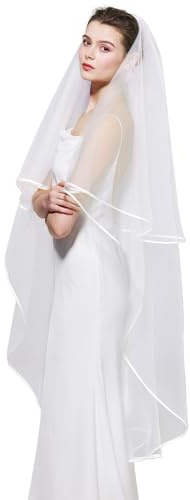 BEAUTELICATE Brautschleier Weicher Tüll Braut Schleier Doppelschicht mit Satinkante Lang Fingerspitzen Länge Elfenbein Weiß für Hochzeit Junggesellenabschied Cosplay Jga (Ivory, 65cm*135cm)