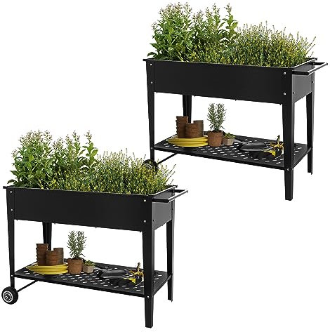 ML-Design 2er Set Metall Hochbeet fahrbar, 98x50x79,5 cm, Schwarz, Mobiler Pflanzkasten mit Ablage, Rädern und Griff, Pflanzbeet für Garten und Balkon, Gartenbeet Gemüsebeet Kräuterbeet Blumenkasten