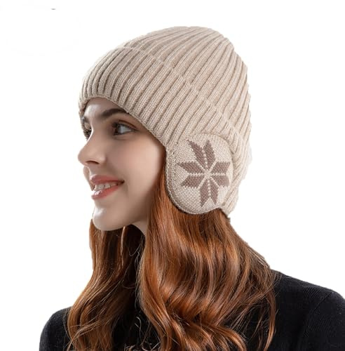 JIAHG Bonnet en Tricot d'hiver avec Cache-Oreilles pour Hommes et Femmes Bonnet Beaunie Extensible Doublure en Polaire Épais Chaud pour Cyclisme, Ski, Neige, Randonnée, Camping, Alpinisme