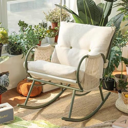 NRNQMTFZ Schaukelstuhl Wohnzimmer - Relaxsessel,bequemer Schaukelstuhl aus Stoff mit hoher Rückenlehne,moderner Schaukelstuhl,Schaukelstuhl für Wohnzimmer, Schlafzimmer(Cotton and Linen Fabric,Green)