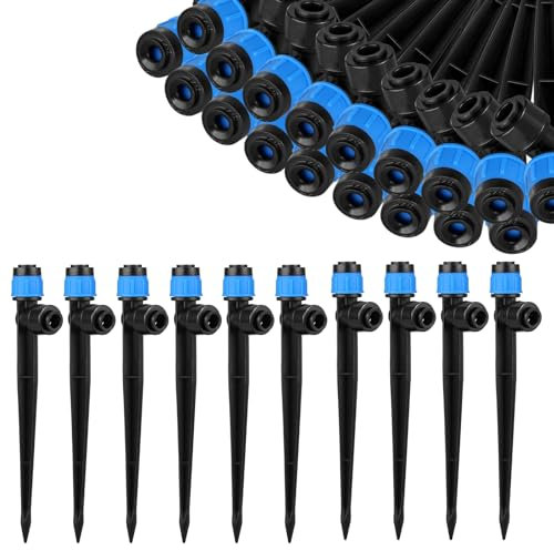 60 Stücke 360 Grad Einstellbare Bewässerung Sprinkler, Garten Bewässerung Tropfer mit Pfahl & Micro Drip Rohrhalter Tropfbewässerungsstrahler for 6,35 mm Schlauch Gewächshaus, Topfpflanzen, Blau
