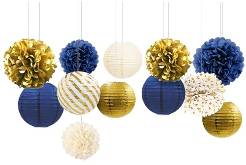 NICROLANDEE Decoraciones azul marino y dorado, 12 faroles de papel colgantes, pompones de papel para decoración de cumpleaños de hombres, fiesta de graduación, suministros de fiesta de Año Nuevo