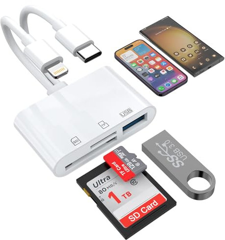 3 in 2 Speicher SD Kartenleser für iPhone iPad,Lightning+USB C Anschluss auf SD/TF USB Adapter Speicher Micro SDXC,Micro SDHC,SDXC,SDHC,SD Karten,Disk,Kamera,Maus für iPhone15/iPad/MacBook/Samsung