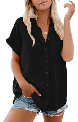 JEKAOYI Women's Button Down Casual Shirts Cotton Short Sleeve Blouses Black