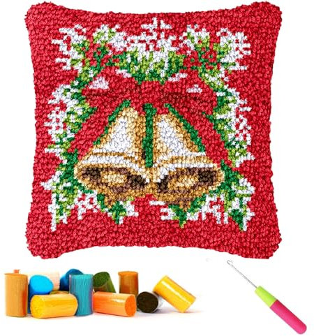 CCWORAN Christmas Latch Hook Kits for Adults Beginners Kids Cushion Covers Craft Kits Making Crochet Pre Printed Canvas Wool Yarn Hobbies DIY Sofa Home Decor Women Gift Bell
