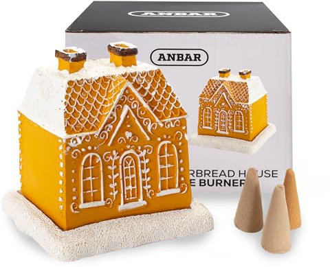 Anbar Backflow Incense Cone Burner Log Cabin, Gingerbread House, Christmas, Fall, Winter, Seasonal, and Holiday Home Decor, Decorative Living Room, Bedroom, or Kitchen Ornament (Gingerbread House)