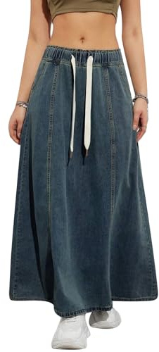 Dubute Gonna da Donna in Denim Casual con Volant, Cintura con Fiocco, Linea A, Svasata, Lunga, Gonna in Jeans Elastica con Cordoncino e Tasche, Blu scuro, XL