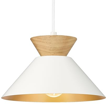 ELYONA Pendelleuchte Weiß Gold, Ø 26 cm Skandinavische Hängelampe aus Massivholz, Modern Hängeleuchte mit Goldener Innenseite für Esstisch, Küche, Schlafzimmer & Flur, Boho Landhausstil