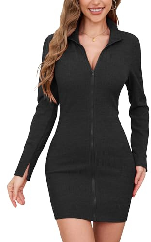Colisha Robe courte en tricot à manches longues pour femme - Style Bodycon - Fermeture éclair complète - Noir - Taille plus, # 2 noir., XXL