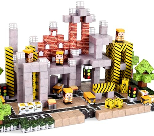 Magnetische Bauklötze, 128 PCS Konstruktionsspielzeug für Kinder ab 3 Jahren, Magnetische Bauklötze Straße Magnet Kacheln Würfel, Weihnachten Geburtstag Geschenke-Engineering Kit für Jungen & Mädchen