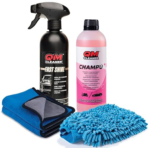 QM Cleaner Kit de Limpieza y Abrillantado para Carrocería de Coche | Incluye Champú Concentrado (500ml), Cera rápida Carnauba (500ml), 1 Manopla y 2 Microfibras
