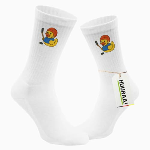 Huuraa Unisex Socken Quietscheente Eishockey Gummiente Hockey Geschenk | Baumwolle Tennissocken Geschenkidee Weiße Sportsocken mit Motiv Unisex Baumwollsocken für Frauen und Männer