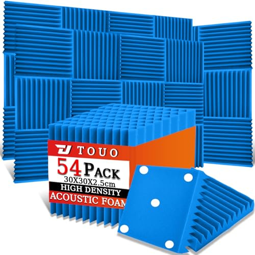 TOUO Akustikpaneele 54 Stück 30×30×2.5 cm Blau Keilförmige Akustikschaumstoff Schallschutzplatten für Wand & Decke Hochdicht Schalldämmend für Studio Büro Gaming