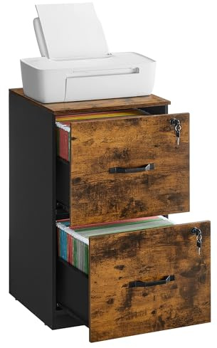 VASAGLE File Cabinet, Filing Cabinet for Home Office, Printer Stand, with 2 Lockable Drawers, Adjustable Hanging Rails, for A4 and Letter-Size Files, Rustic Brown and Ink Black OFC061B01
