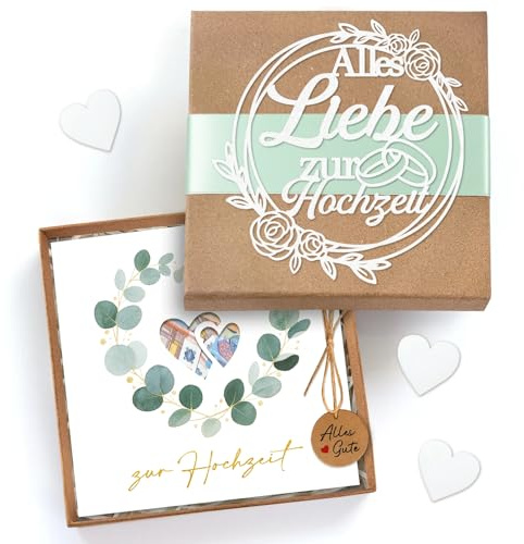 Hochzeitsgeschenke für Brautpaar, Elegante Geldgeschenk Hochzeit, Geldgeschenke Verpackung mit Geschenkbox Hochzeitskarte, Premium Personalisierte Glückwunschkarte zur Hochzeit Herz Eukalyptus