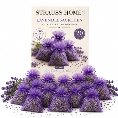 Strauss Home Lavendelsäckchen – Natürlicher Mottenschutz & Duftbeutel mit 9g Getrocknetem Lavendel Pro Säckchen | für Kleiderschrank, Bettwäsche, Kissen, Reisen & Besseren Schlaf (20 Stück)