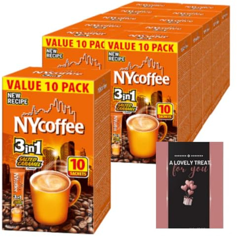 NYcoffee 3in1 Salted Caramel Bulk Buy Instant Coffee Box of 10 x 10 Individually Wrapped Pocket Coffee Sachet for Gift, Office Drinks, Staff Rooms, Refreshment Perfect Partner with Biscuits & Snacks