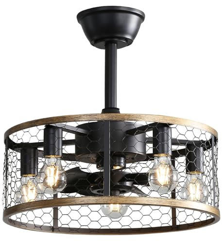 LIULIQ Retro Smart Reversible Black Fan Light, Cage Industrial Ceiling Fans, Retro-Wohnzimmer-Deckenventilator Mit DC-Käfig, 8 Flügeln Und Fernbedienung, 6 Variable Ventilatorgeschwindigkeiten