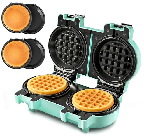 2-in-1 Double Waffle & Pancake Maker - CACHOO Mini 4 Nonstick Waffle Iron & Small Round Griddle with 4 Removable Plate Sets, Dishwasher Safe, Perfect for Small Spaces, Apartments & Dorms, Aqua