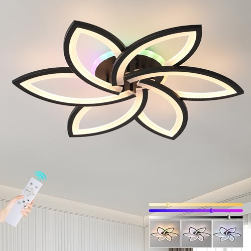 ZAITINZ LED Deckenleuchte Schwarz,6-Blüten-Design RGB,Dimmbar 3000-6000K | 70cm LED Deckenlampe mit Fernbedienung und Memory Funktion,RGB Licht separat steuerbar,für Wohnzimmer Schlafzimmer Küche Flur