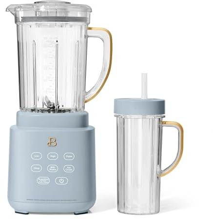 Beautiful PowerExact High-Performance 700-Watt Blender by Drew Barrymore, 50-Ounce Pitcher, Stainless 4-Tip Blade, 3 Speeds + 4 Presets, Dishwasher-Safe Parts, Travel Cup Included (Cornflower Blue)