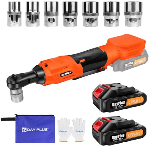 Bowose Portable Cordless Ratchet Wrench 21V with 2pcs 1.5Ah Li-ion Batteries, 7pcs Sockets, Storage Bag, 60ft-lbs, LED Work Light, 3/8 Inch Power Ratchet Wrench for Furniture Assembly, Car Repair