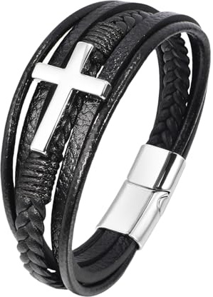 HUIANGLIYG Glaubensarmband für Herren, Kreuz, Lederarmband für Männer, Magnetverschluss, Religiöses Kreuz, Mehrlagig, Geflochtenes Armband, Vintage Punk Charm, Schmuck, Geschenk für Ihn, mit Be