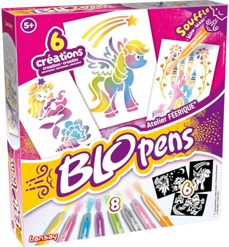 Lansay - BLOPENS - Atelier Féerique - Set Feutres de Coloriage À Souffler Avec Pochoirs Réutilisables - Idée Cadeau Enfants dès 5 Ans - Kit Création Dessins Fées, Licornes & Sirènes Pailletées