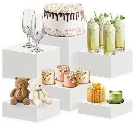 6Pcs Espositore Buffet Aperitivo con Fondo Cavo 3/4/5/6/7/8in, Supporti Cubico Plastica Dessert, Alzate Buffet Acrilico Bianco, Supporto Annidabile, Porta per Torte, Oggetti da Collezione, Gioielli