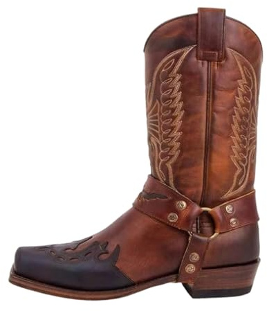 Générique Hommes Bottes PU Cuir Équitation Casual Vintage Broderie Bout carré Western Cowboy Biker Bottes Botte Cowboy Homme