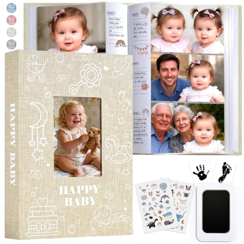 Yatosally Baby Fotoalbum 10x15 300 Fotos,Leinen-Hardcover Einsteckalbum mit Frontfenster, Memo-Bereich, Hand- und Fußabdruck-Kit, säurefreies Erinnerungsbuch für neugeborene Jungen und Mädchen (Beige)