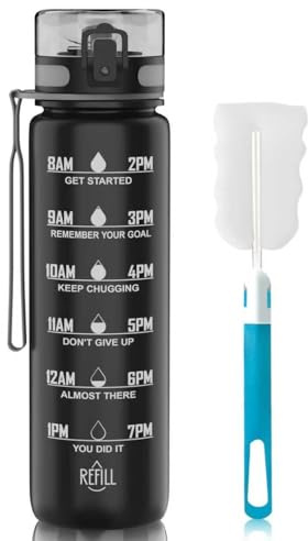QIVORO 1-liter water bottle, made of BPA-free Tritan material, capacity 1 liter, with time markings, suitable for gym, outdoor activities, and campus use (Black).