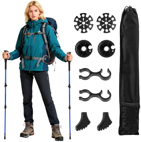COSTWAY Bastones de Trekking de Aluminio, Bastones Marcha Nordica Plegables Ajustar la Longitud, Par de 2 con Empuñaduras de EVA y Corcho Natural, Bloqueo Rápido, Accesorios para Todo Terreno (Azul)