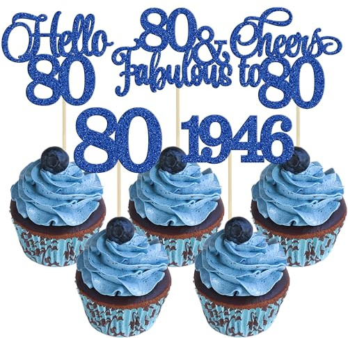 Gyufise 30Pcs 80th Birthday Cupcake Toppers 80 Fabulous Cupcake Picks Cheers to 80 1946 Cake Decorations for Happy 80th Birthday Wedding Anniversary Party Decoration Supplies Blue