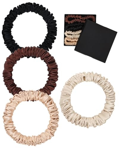 lulir Haargummi Damen 4PC, Seide Haargummi, 100% Pure Mulberry 16 Momme | Weiche & Elastische Scrunchies Haargummi, Seiden Scrunchie für Haarpflege mit Geschenkbox(Beige/Braun/Gold /Schwarz)