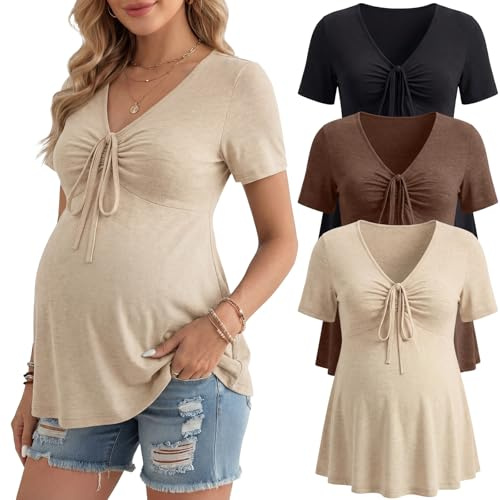 Cutecrop 3 Pack Women Maternity Shirts Short Sleeve V Neck Ruffle Pregnancy Tops Casual Drawstring Babydoll Tie Front Tunic(Black, Khaki, Apricot,L)