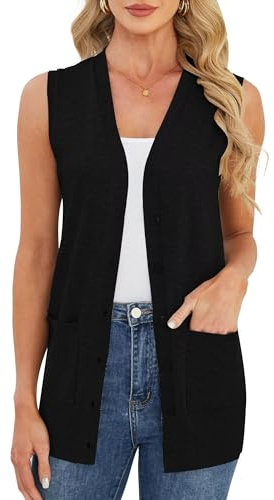 Moss Rose Women's 2026 Sleeveless Open Front Cardigan Soft Knit Sweaters Fashion Casual Button Down Office Duster Vests with Large Pockets Black XL