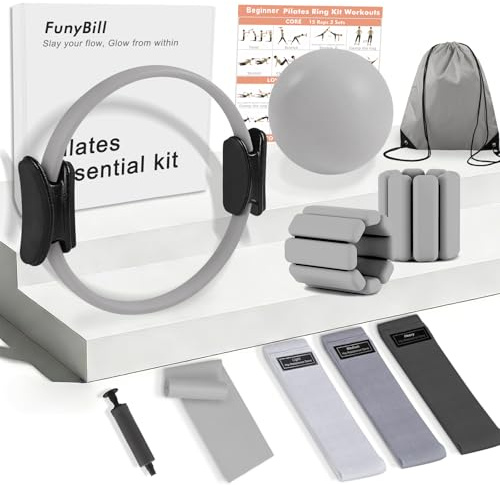 FunyBill Pilates-Ring-Set, Pilates-Ausrüstung für zu Hause mit 35 cm großem Ring, Knöchel- und Handgelenkgewichten sowie Widerstandsbändern, für Anfänger geeignet, tolles Geschenk für Frauen (Grau)