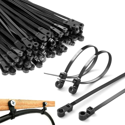 100 Stück kabelbinder Schwarz mit Schraubenloch, Kabelschellen zum Schrauben mit Befestigbarer Kopf, Kabelklemmen Wand mit Kabelbinder,Kabelhalter für Kabelbefestigung (100, Schwarz, 200MM)