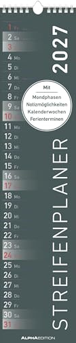 Streifenplaner SCHWARZ 2027: schmaler Wandkalender 11,3x49,5 cm mit farblich markierten Wochenenden, Feiertagen & Mondphasen, ideal für Haushalt, Familie & Büro | schmaler Wandkalender 11,3x49,5 cm mit farblich markierten Wochenenden, Feiertagen & Mondphasen, für Haushalt, Familie & Büro
