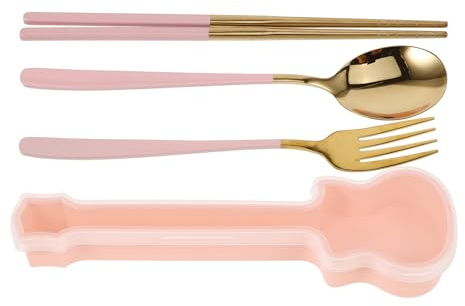 TOYANDONA Kit Cuillère Fourchette Baguettes en Plastique Réutilisables avec Étui Compact Rose, Ustensiles Stylés pour Pique-niques en Plein Air et Repas Itinérants